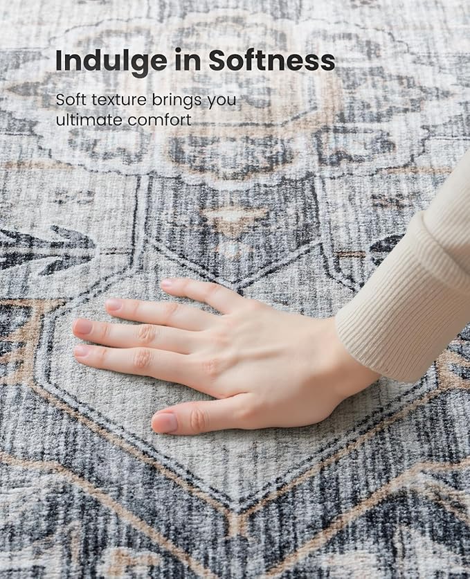 AMADA HOMEFURNISHING 8x10 Washable Area Rug, Low-Profile Large Area Rug with Non-Slip Backing & Durable Edge Binding, Vintage Large Rugs for Living Room, Bedroom, Dinning Room