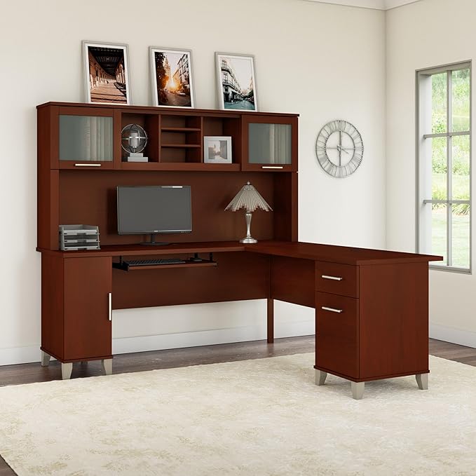 Bush Furniture Somerset 72W L Shaped Desk with Hutch in Hansen Cherry