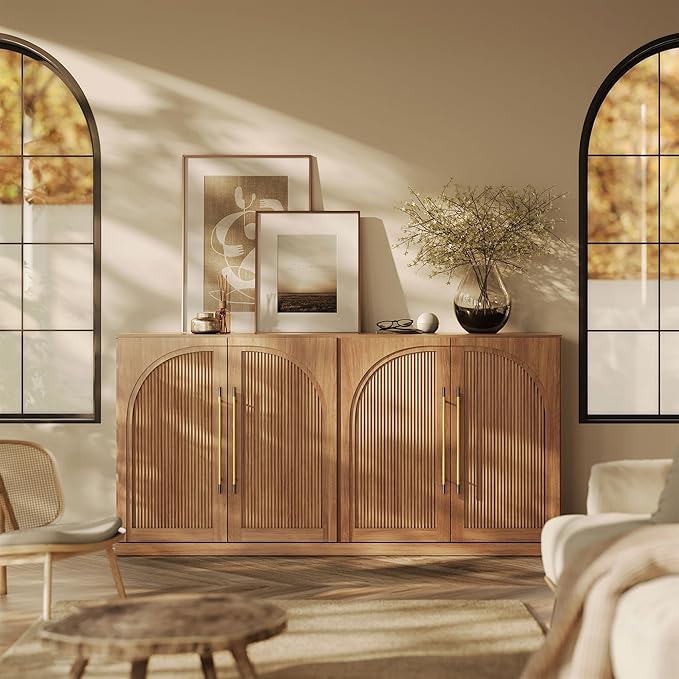 BELLEZE 65 Inch Sideboard Cabinet with Double-Arc Wood Doors, Large Buffet Cabinet with Storage and Adjustable Shelves, Classic Modern Console Table for Dining Room Living Room Entryway (Camel)