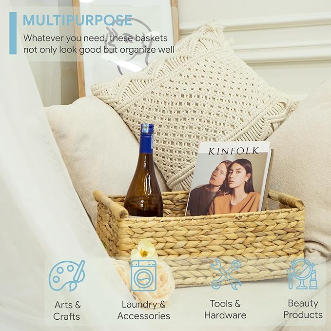 VATIMA Hyacinth Large Wicker Basket 15.5x10.8x6.2" - Rectangular, Wooden Handles, Shelf Organizer