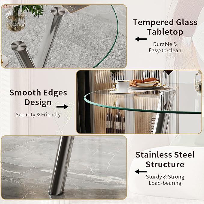 35" Round Dining Table for 4, Modern Round Glass Dining Table with Metal Legs, Round Kitchen Table for Dining Room Home Office Small Spaces