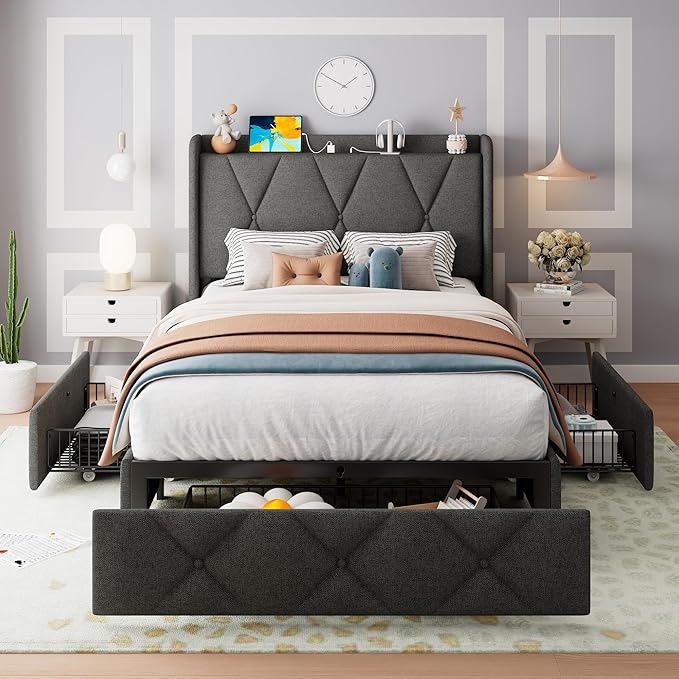 Feonase Twin Bed Frame with 3 Storage Drawers, Upholstered Platform Bed with Charging Station, Wingback Storage Headboard, Heavy Duty Wooden Slats, No Box Spring Needed, Easy Assembly, Dark Grey