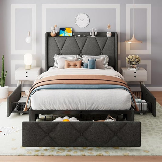 Feonase Twin Bed Frame with 3 Storage Drawers, Upholstered Platform Bed with Charging Station, Wingback Storage Headboard, Heavy Duty Wooden Slats, No Box Spring Needed, Easy Assembly, Dark Grey