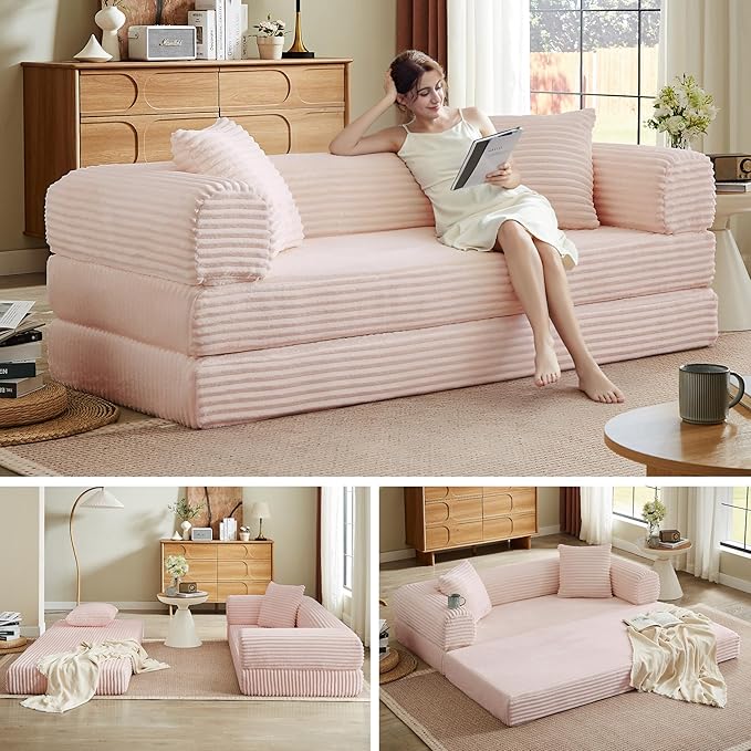 Boneless Couch Sofa Bed Sectional Couches for Living Room,Futon Cloud Couch with Sleeper Sofa,Sofas for Living Room Oversized Corduroy Upholstered (Pink)