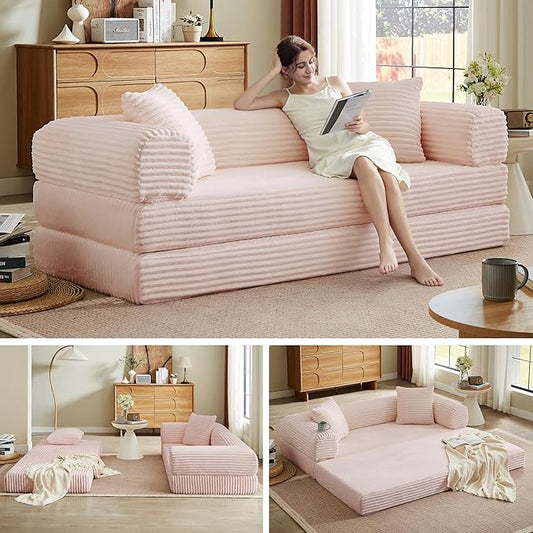 Boneless Couch Sofa Bed Sectional Couches for Living Room,Futon Cloud Couch with Sleeper Sofa,Sofas for Living Room Oversized Corduroy Upholstered (Pink)