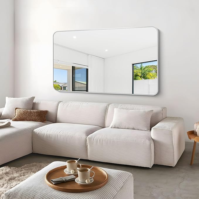 BONEWEI Silver Bathroom Mirror,60x36 inch Wall Mirror for Bathroom Wall Mounted,Rectangle Mirror for Bathroom Over Sink,Modern Frame Round Corner for Living Room,Bedroom Entryway,Horizontal/Vertical