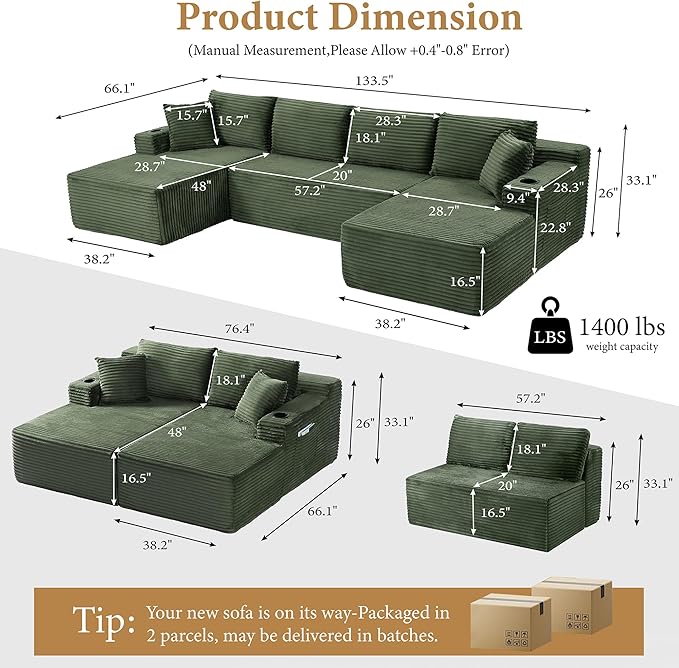 133" Couches for Living Room Deep-Seat Sectional Couch for Living Room Corduroy Boneless Couchs U-Shape Cloud Couch Flexible Modular Sectional Sofa with Chaise Lounge (Green, with Cup Holder)