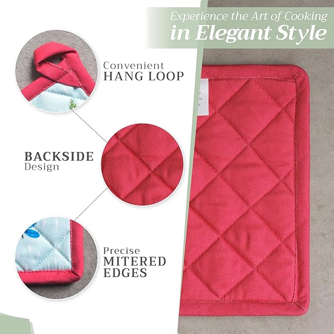 Maison d' Hermine 100% Cotton Oven Mitt & Pot Holder Set (7.5"x13" & 8"x8") Heat Resistant BBQ Cooking Gloves with Loop, Baking, Grilling, Kitchen, Handling Hot Pan Spring/Summer (Jardin D'Ete - Mint)