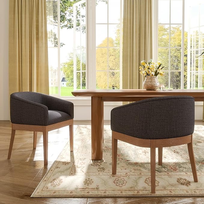 Mid-Century Modern Charcoal Dining Chairs Set of 2, Linen Upholstered Kitchen Dining Room Chairs with Wood Legs, Curved Backrest Armchairs, Charcoal