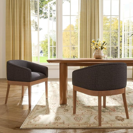 Mid-Century Modern Charcoal Dining Chairs Set of 2, Linen Upholstered Kitchen Dining Room Chairs with Wood Legs, Curved Backrest Armchairs, Charcoal