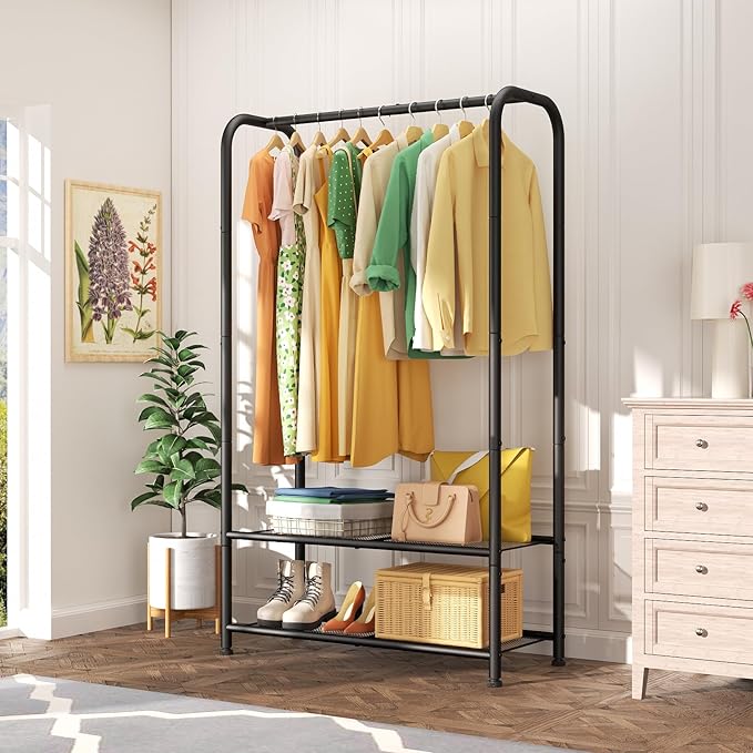 SINGAYE Coat Clothes Storage Organizer Garmen Rack Portable Closet Clothing Racks for Hanging Clothes Heavy Duty Freestanding Wardrobe Laundry with Shelves Black 11.5" D x 32" W x 72" H