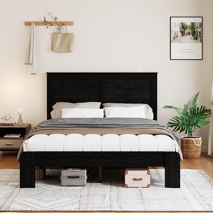 Wooden Bed Frame Queen Size with Headboard, Farmhouse Platform Bedframe with Wood Slat Support, Sturdy Framework Bed Frame, Easy Assembly (Rustic Black)