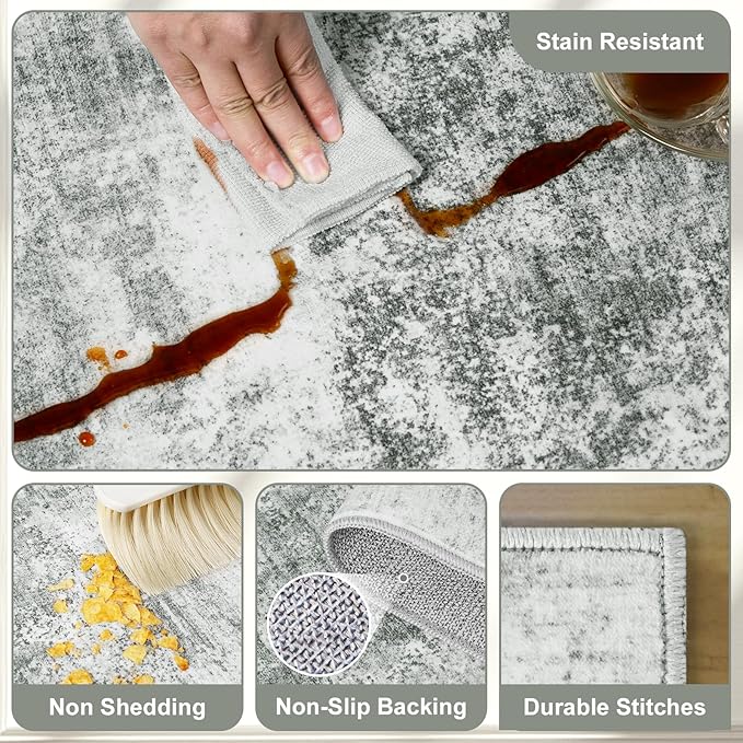 Abstract Washable Area Rug - 6x9 Large Living Room Rugs Soft Stain Resistant Non-Slip Low Pile Foldable Neutral Modern Carpet for Indoor Bedroom Dining Room Home Studio Office - Black/Grey