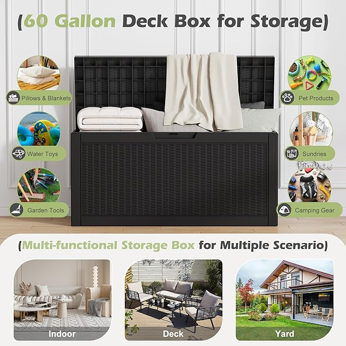 60 Gallon Outdoor Storage Box, Waterproof Resin Deck Box with Lockable Lid – Storage Cabinet for Patio Furniture, Pool Supplies, Garden Tools – Indoor & Outdoor Use