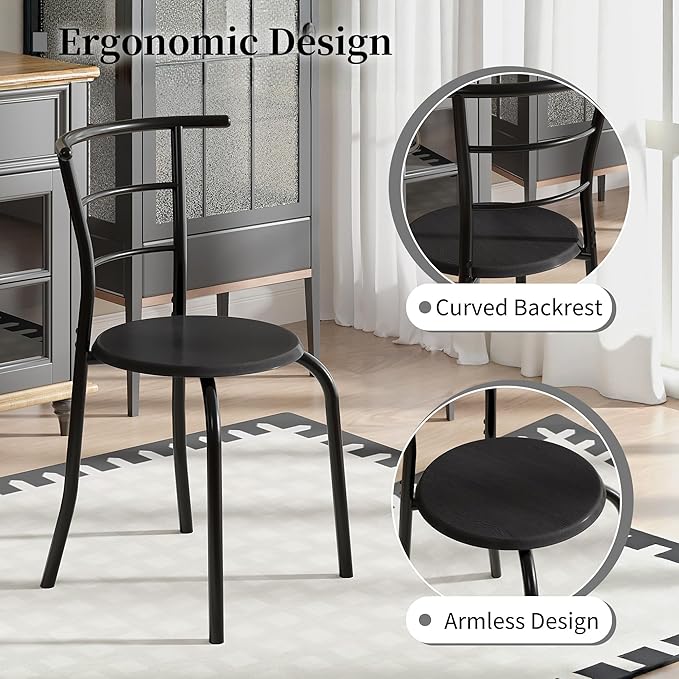 VECELO 3-Piece Dining Table Set for Kitchen Breakfast Nook, Wood Grain Oval Tabletop and Metal Frame with Built-in Wine Rack, for Small Spaces, Black