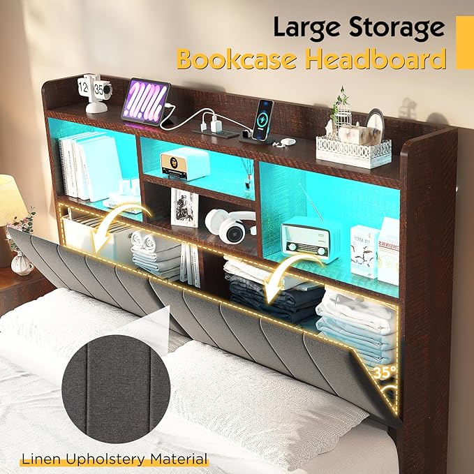 Full Farmhouse Bed Frame with Bookcase Headboard and 4 Drawers, LED Storage Bed with Charging Station & Linen Upholstered, No Box Spring Needed, Reclaimed Barnwood