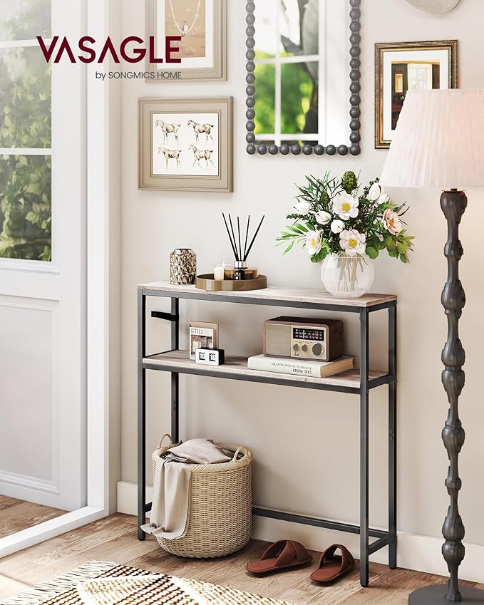 VASAGLE Console Table, 2-Tier Narrow Sofa Table with 2 Shelves, 7.9 x 31.5 x 31.5 Inches, for Living Room, Hallway, Entryway, Heather Greige and Ink Black ULNT130K02V1