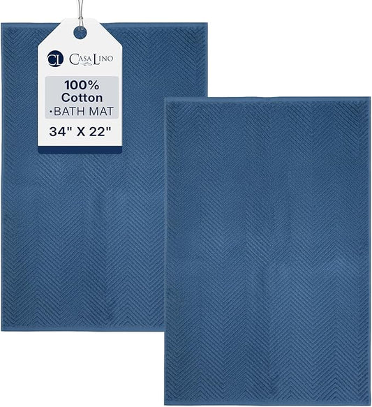Casa Lino 100% Cotton Bath Mat Set of 2 (NOT A Rug) - 34" x 22" Bathroom Floor Towels - Machine Washable, Soft, Highly Absorbent & Quick Dry Bath Floor Towel (Navy)