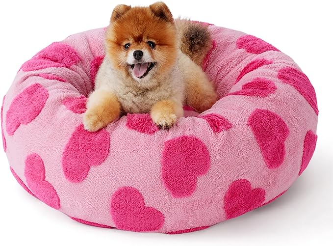 Lesure Donut Small Dog Bed - Round Cat Beds for Indoor Cats Anti-Anxiety Calming Pet Beds, Washable Cute Modern Beds with Teddy Sherpa Plush & Anti Slip Bottom, 23 Inch, Heart Pink