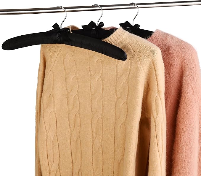 Black Satin Padded Sweater Hangers 10 Pack, Blouse Hanger with Thick & Soft Foam for Bridal Wedding Dress Lingerie, Smooth Silk Covered Shirt Hanger Without Shoulder Bump