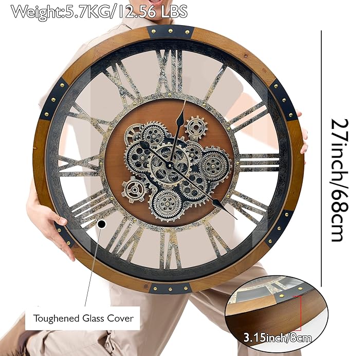 DORBOKER 27" Original Moving Gears Wall Clock, Large Industrial Wall Clock for Living Room Decor, Retro Metal Solid Wood Vintage Farmhouse Steampunk Rustic Clocks for Wall Decor,Brown Nanmu