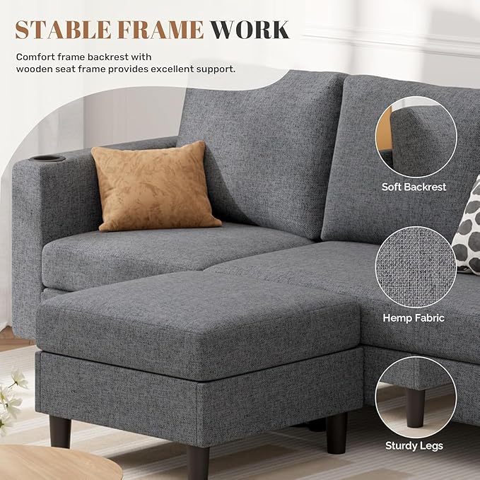 Upholstered Sectional Sofa and Couches, 78'' L Shaped 3-seat Sofa forLiving Room, Apartment, Lounge,Bedroom-Washable Covers Convertible Sofas(Linen Fabric,Dark Gary)