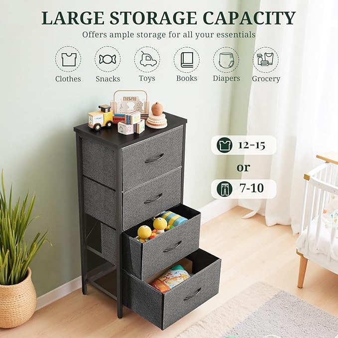 Nightstand, 4 Drawer Dresser End Table Bedside Furniture with Wooden Top Steel Frame Fabric Bins for Bedroom, Closet, Entryway, Dorm, Living Room, Gray