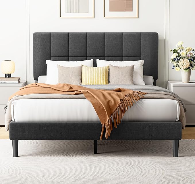 Amada Twin Platform Bed Frame with 12 Thickened Legs & Adjustable Fabric Upholstered Headboard, Solid Wooden Support 1300 Lbs Weight Capacity, No Box Spring Needed/Easy Assembly/Underbed Storage