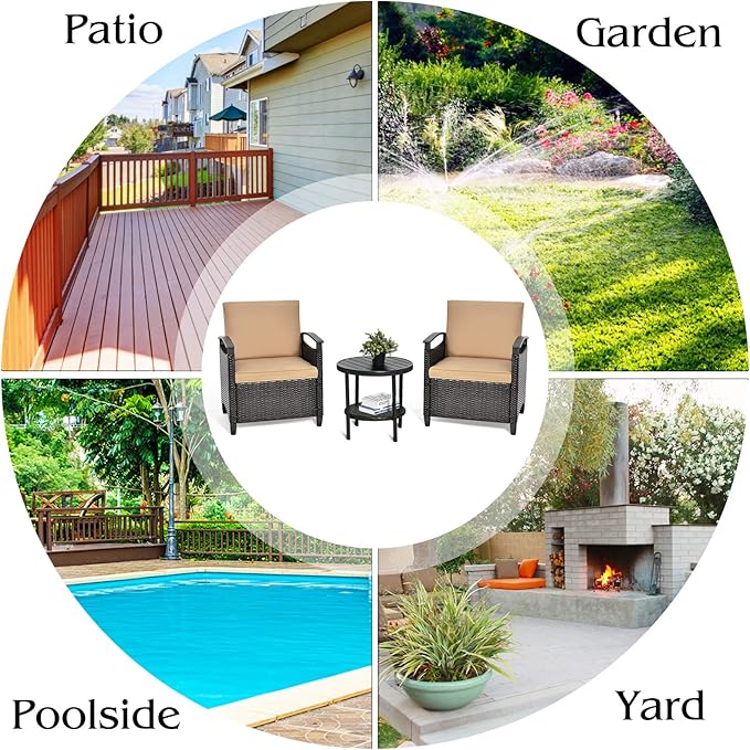 Tangkula 3 Piece Rattan Sofa Set, Patio Conversation Bistro Set w/Coffee Table, Seat and Back Cushions, Sturdy Steel Frame, Outdoor Furniture Set for Garden, Backyard, Balcony, Poolside