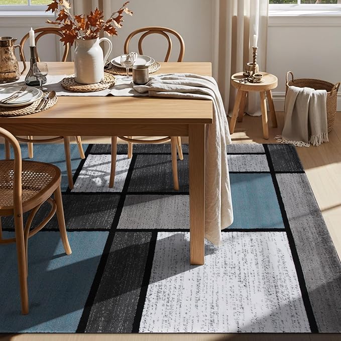 Rugshop Modern Geometric Boxes Blue Area Rug, Non-Shedding Carpet for Living Room,Kitchen, Bedroom, or Home Office, 5'3" x 7'3"