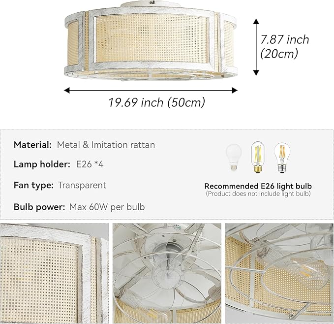 20" Boho Ceiling Fans with Lights, Rattan Flush Mount Ceiling Fan with Light Remote Control with Caged 6 Speeds for Bedroom, Nursery, Living Room (White)