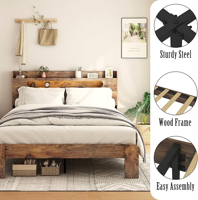 Wooden King Size Bed Frame with Storage Headboard, Farmhouse Platform Bedframe with Charging Station & Led Lights, Sturdy Wood Slat Framework, Easy Assembly (Rustic Brown Led)