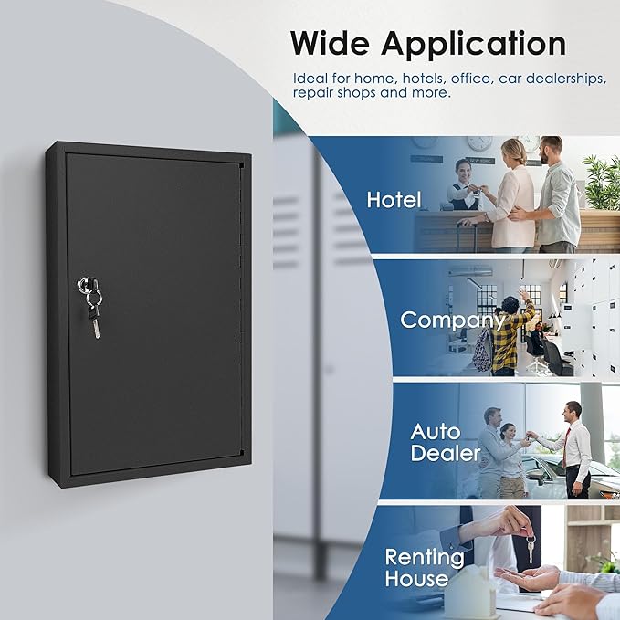 ORIENTOOLS Key Box Steel Key Safe Cabinet, Wall Mount Key Holder Lock Box with Key Tags, Key Organizer Ideal for Home, Hotels, Valets and Office Key Storage (64 Keys, Black)