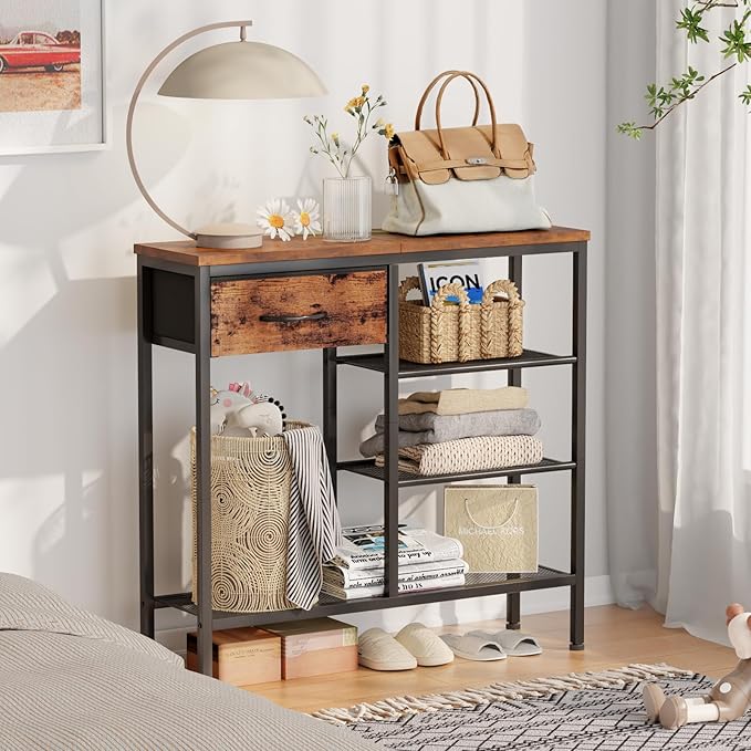 Furnulem Entryway Table Industrial 31.5" Sofa Console Table with Metal Mesh Shelf,Storage Fabric Drawer 4-Tier Shoe Rack Side Furniture for Front Door,Foyer Wooden Top, Sturdy Steel Frame,Rustic Brown