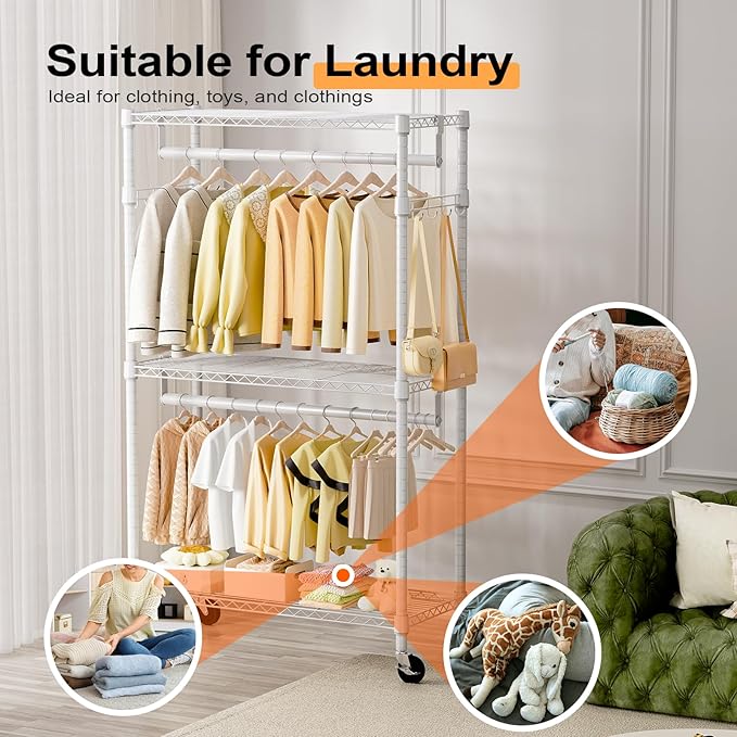 Heavy Duty Rolling Garment Rack 3 Tiers Adjustable Wire Shelving Clothes Rack with 2 Rods and Side Hooks,Storage Closet Clothing Rack with Wheels White 15.7" D x 29.5" W x 74.5" H