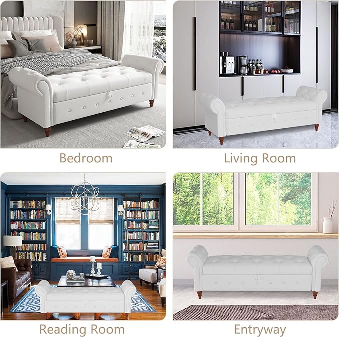 GNIXUU 63" End of Bed Storage Bench for Bedroom, Upholstered Ottoman Seat with Storage for Living Room, Window, Entryway, Cream White Velvet