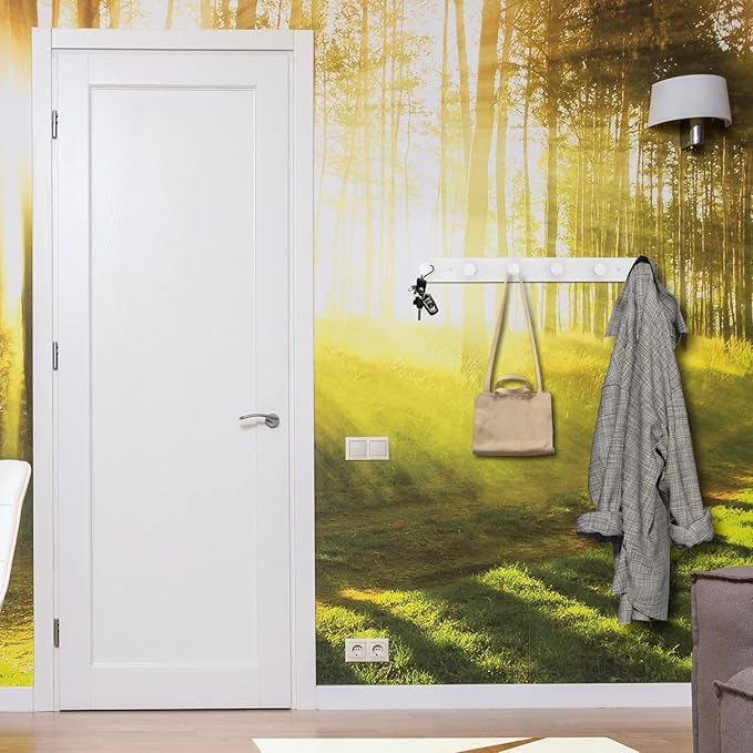 Coat Rack Wall Mounted, White Coat Hooks Adhesive & Screw in, Stainless Steel Door Hooks for Hanging Hat Towels Clothes, Hook Rail with 6 Round Hangers