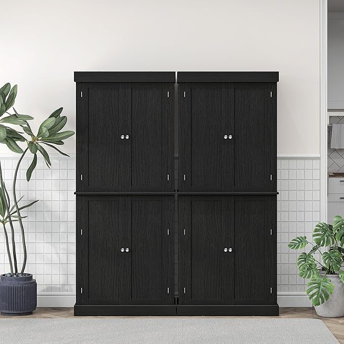 HOMCOM 72.5" Freestanding Kitchen Pantry Cabinet, Tall Storage Cabinet with 4 Doors and 2 Adjustable Shelves for Dining Room, Black Wood Grain