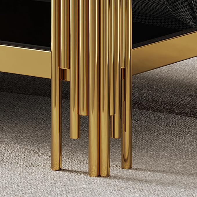 Goujxcy Modern Glass Coffee Table 47" Gold Center Table with Black Glass Top and Mirror Finish Stainless Steel Legs, Luxury Rectangular Coffee Table for Living Room Apartment (Gold)