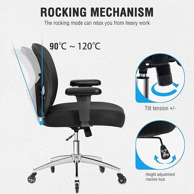 Bigroof Big and Tall Office Chair 600lbs, Heavy Duty Ergonomic Mesh Chair, Computer Executive Desk Chair with Wide Thick Seat, Adjustable Armrests, Lumbar Support
