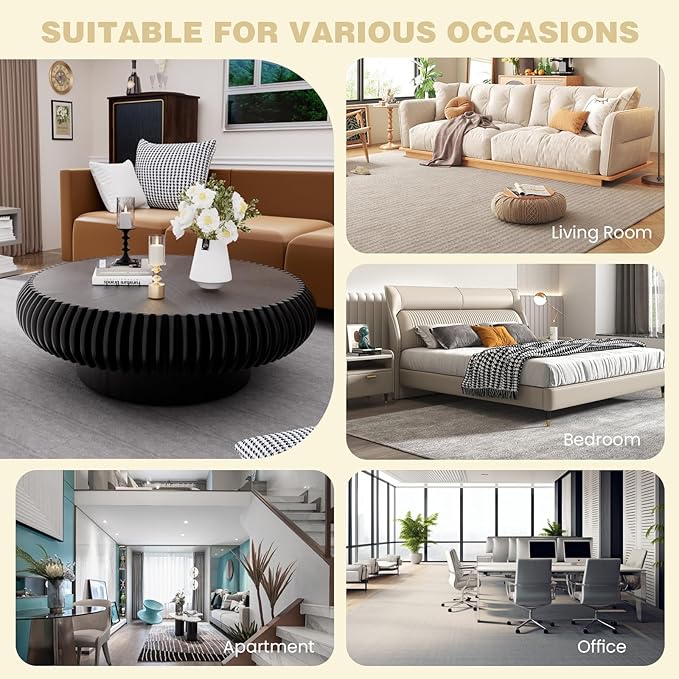 Fluted Round Coffee Table for Living Room 39.37" Modern Drum Coffee Table Mid Century Handcrafted Circle Wood Center Tables with Pedestal for Small Space Apartment (Black Large)