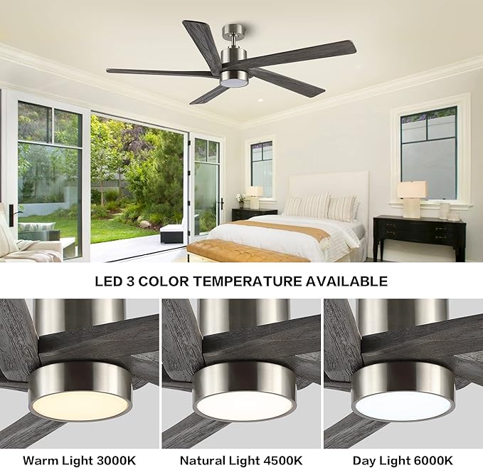 WINGBO 64 Inch DC Ceiling Fan with Lights and Remote Control, 5 Reversible Carved Wood Blades, 6-Speed Noiseless DC Motor, Modern Ceiling Fan in Brushed Nickel Finish with Gray Blades, ETL Listed