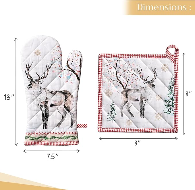 Maison d' Hermine 100% Cotton Oven Mitt & Pot Holder Set (7.5"x13" & 8"x8") Heat Resistant BBQ Cooking Gloves with Loop for Thanksgiving Christmas Decorations Handling Hot Pans (Rural Christmas)