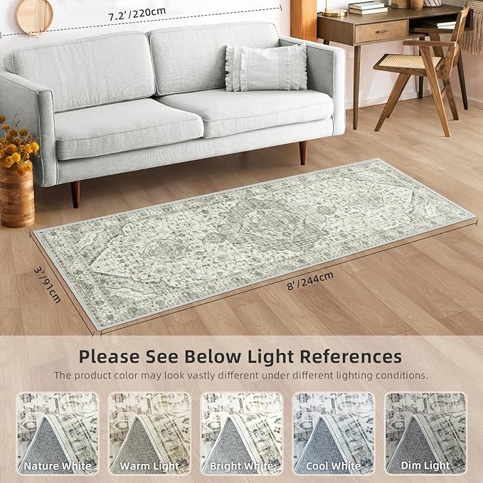 Deerly 3x8 Runner Rug Non Slip - Kitchen Washable Rug Runner with Non-Shedding, Boho Runners for Hallways Distressed Carpet Bedroom Border Cream