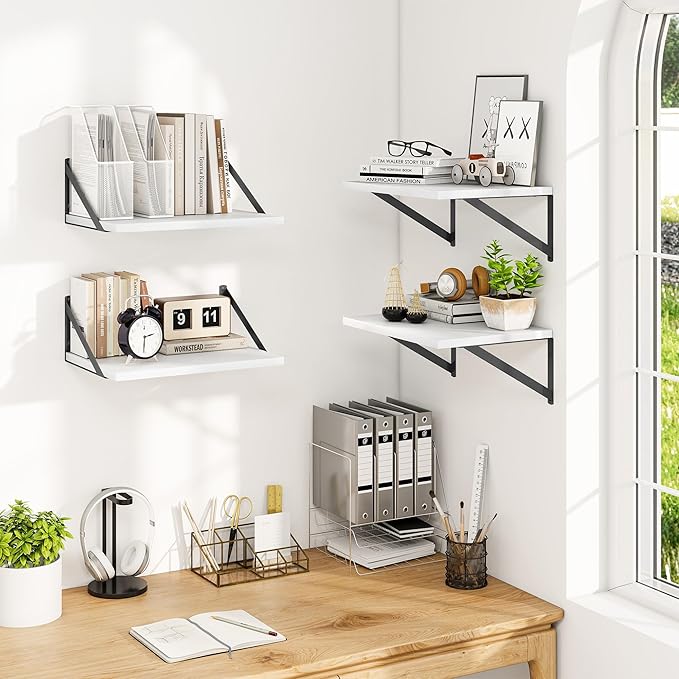 Heimlove 12 Inch Deep Floating Shelves for Wall, 16W x 12D Wide White Floating Shelves Heavy Duty Wall Mounted Shelves, Wood Shelves for Living Room Bedroom Bathroom Kitchen- Set of 4