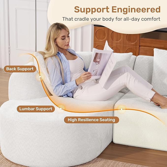 114 Inch Boneless Couches for Living Room,Modern Modular Sectional Sofa with Chaise,L-Shape Cloud Sectional Couch,No Assembly Required,Beige