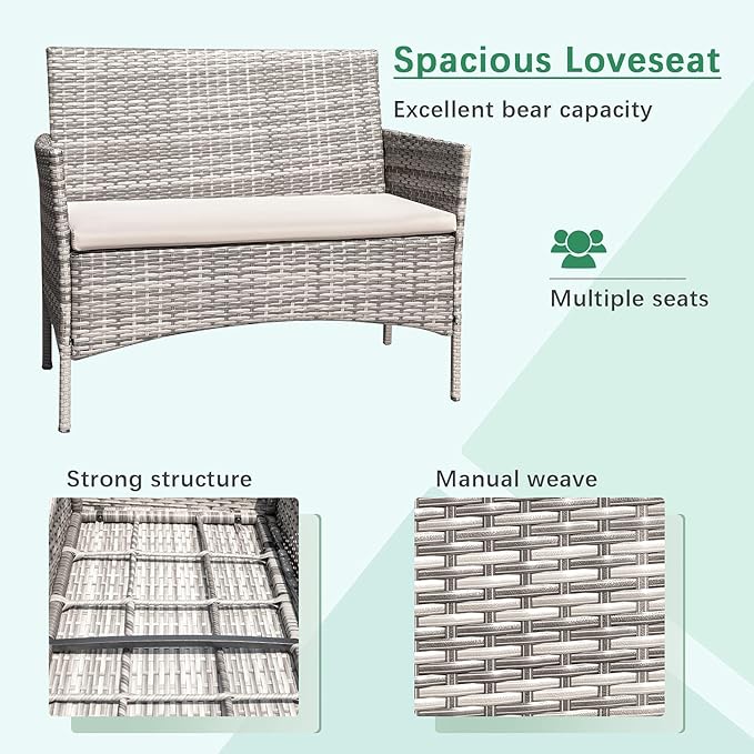 Greesum Patio Furniture 4 Pieces Conversation Sets Outdoor Wickerr Rattan Chairs Garden Backyard Balcony Porch Poolside loveseat with Soft Cushion and Glass Table, Gray and Beige