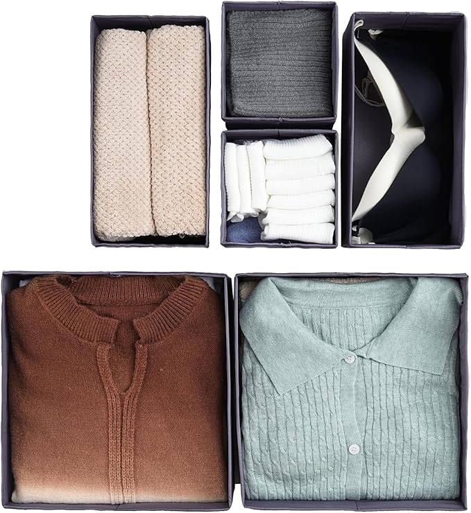 TYEERS Drawer Organizers, Durable Fabric, Washable, with Base Support Boards, Small Storage Boxes for Bathroom, Closet, Dresser, Set of 6, Dark Grey