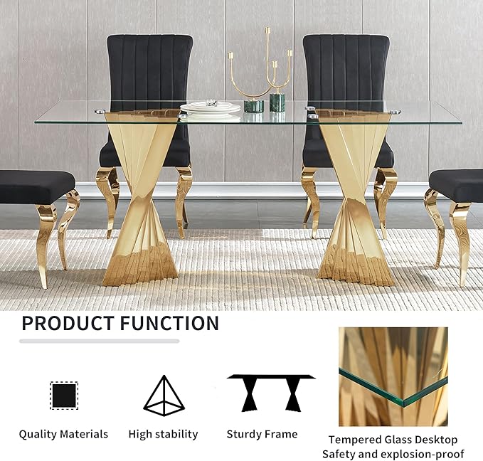 70" Modern Glass Dining Table for 6-8, Luxury Gold Glass Dining Room Table with Mirrored Flash-Shape Stainless Steel Base, Rectangle Kitchen Dinner Tables for Dining Room Kitchen