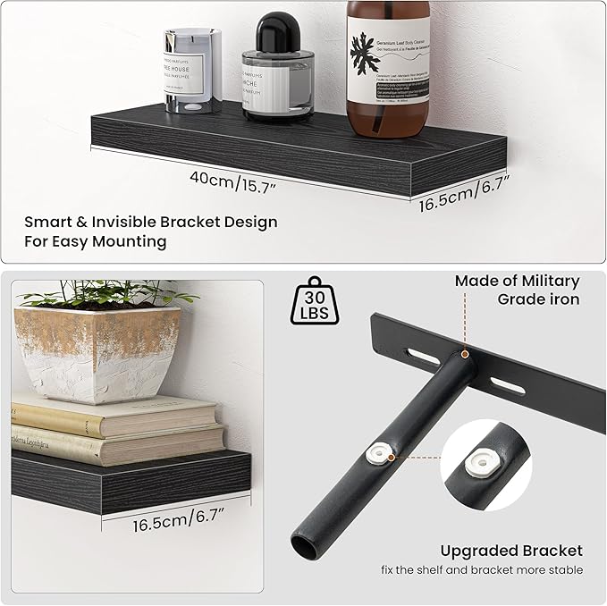 Heimlove Floating Shelves for Wall,16 inchs Shelf for Small Bathroom,Mounted Storage & Display Shelves for Bedroom,Living Room,Kitchen,Office,Set of 2,Black